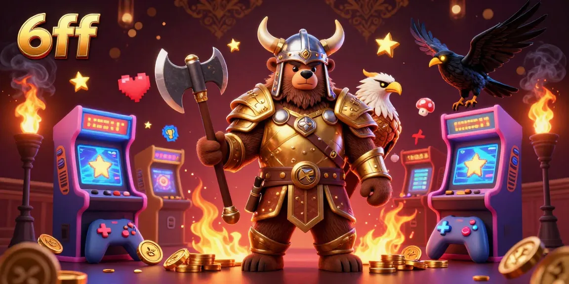 Engage with thrilling 6ff gameplay alongside a Viking bear and Valkyrie eagle in a vibrant casino scene.