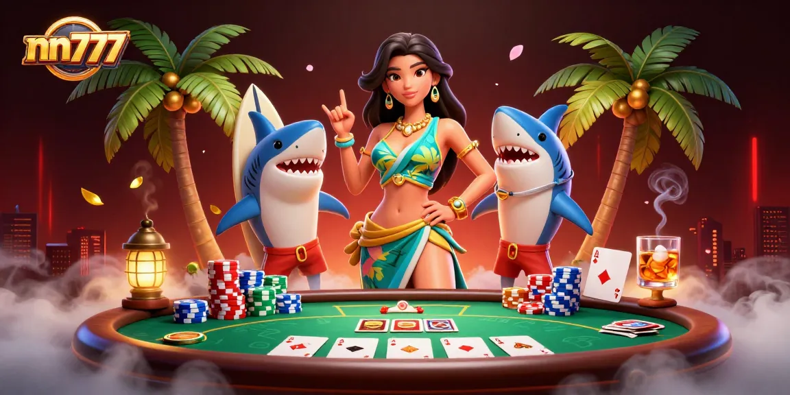 Experience thrilling action at nn777 with a glamorous beach goddess and a surfer shark amidst poker excitement.