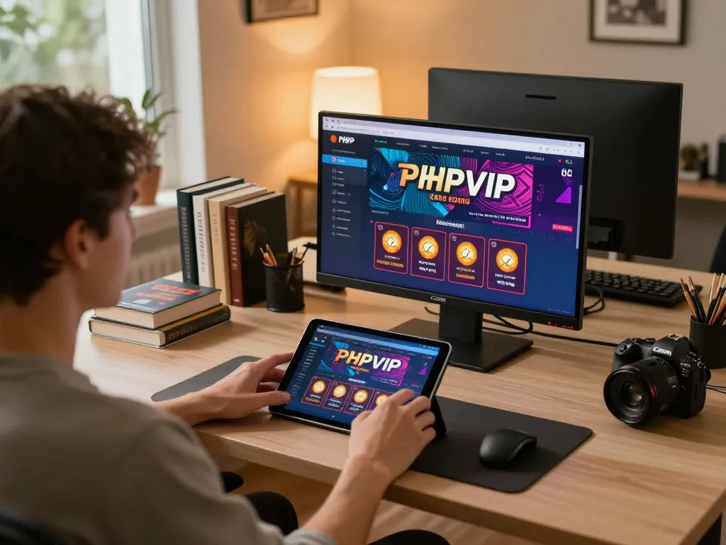 Player engaging with PHPVIP online casino via tablet in a cozy home setting with warm lighting