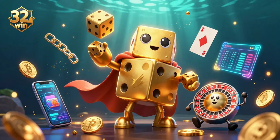 32win features a dynamic casino scene with golden dice golem and crypto coins in action