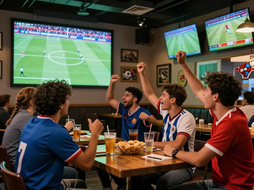 Xoilac fans enjoying a live football match in a lively sports bar atmosphere.
