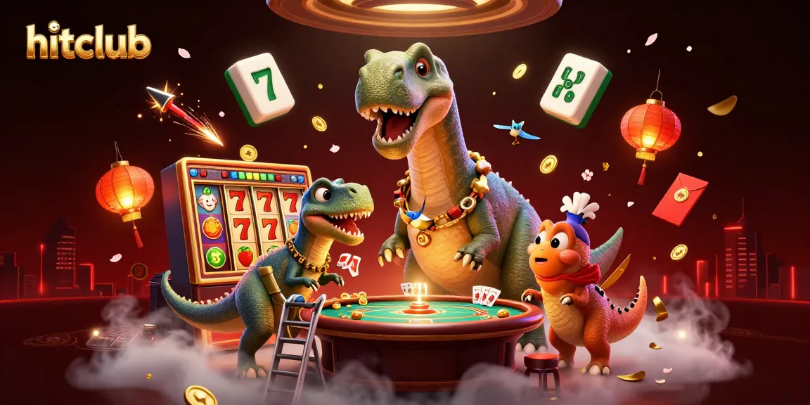 hitclub's vibrant casino scene with a giant brontosaurus and a clever raptor dealer showcasing thrilling slot games.