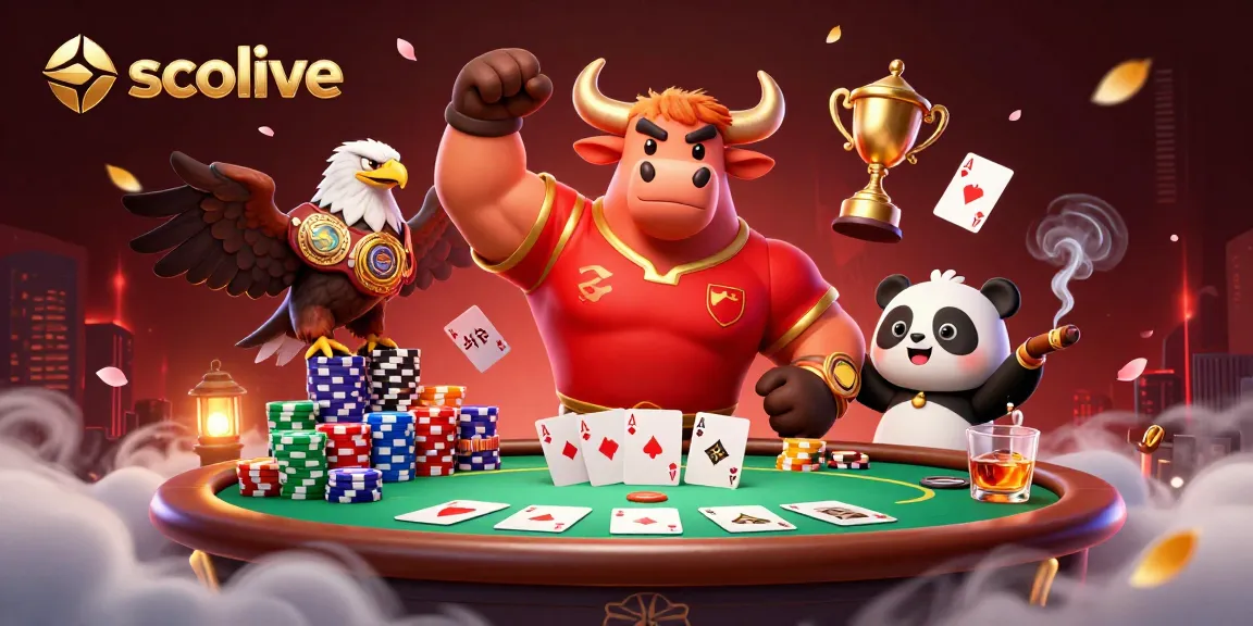 Socolive showcases a thrilling poker victory with a bull, an eagle, and a panda celebrating around a vibrant gaming table.