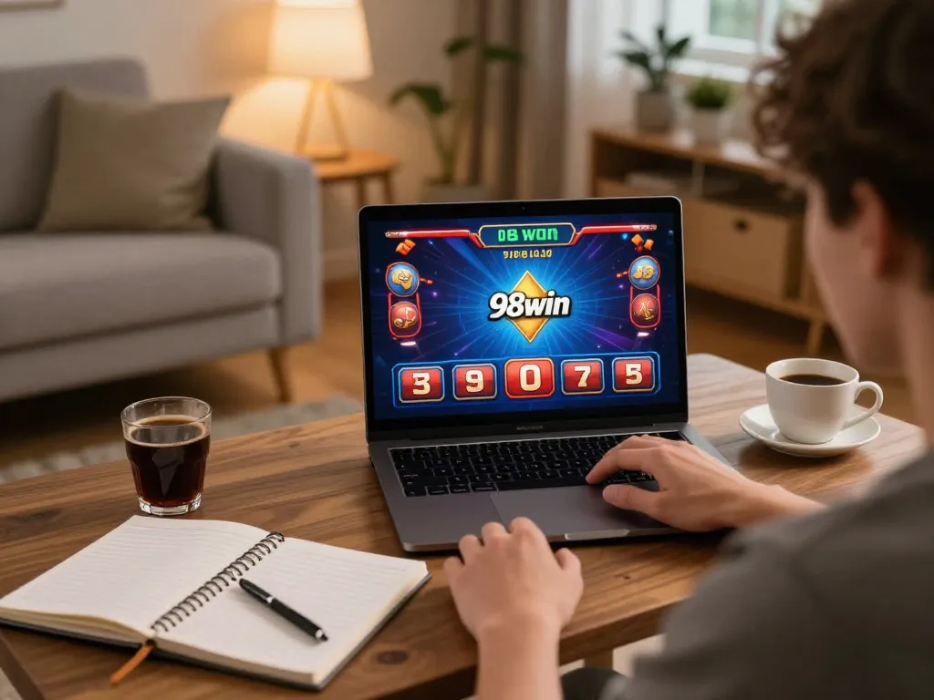 Player exploring 98win vin online casino gaming strategy at home, cozy lighting and engaging graphics.