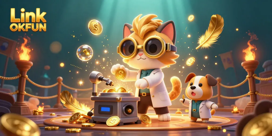 Engage with the dynamic scene of Link OKFUN, showcasing a cat scientist and dog assistant amid golden coins and casino elements.