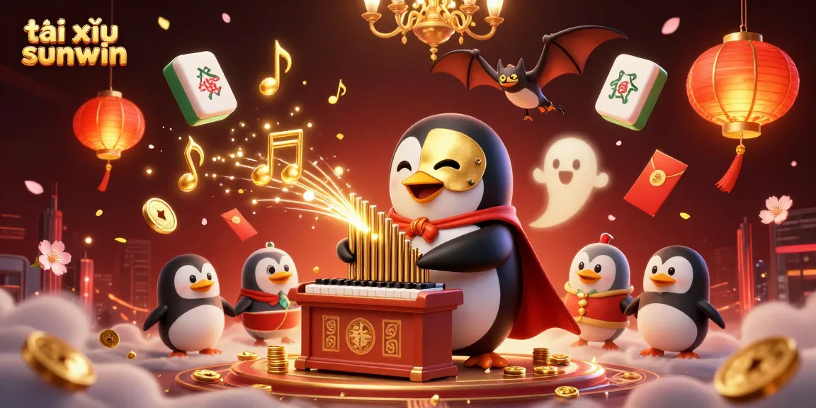 Tài xỉu sunwin showcases thrilling gameplay with vibrant illustrations of a penguin and gold coins.