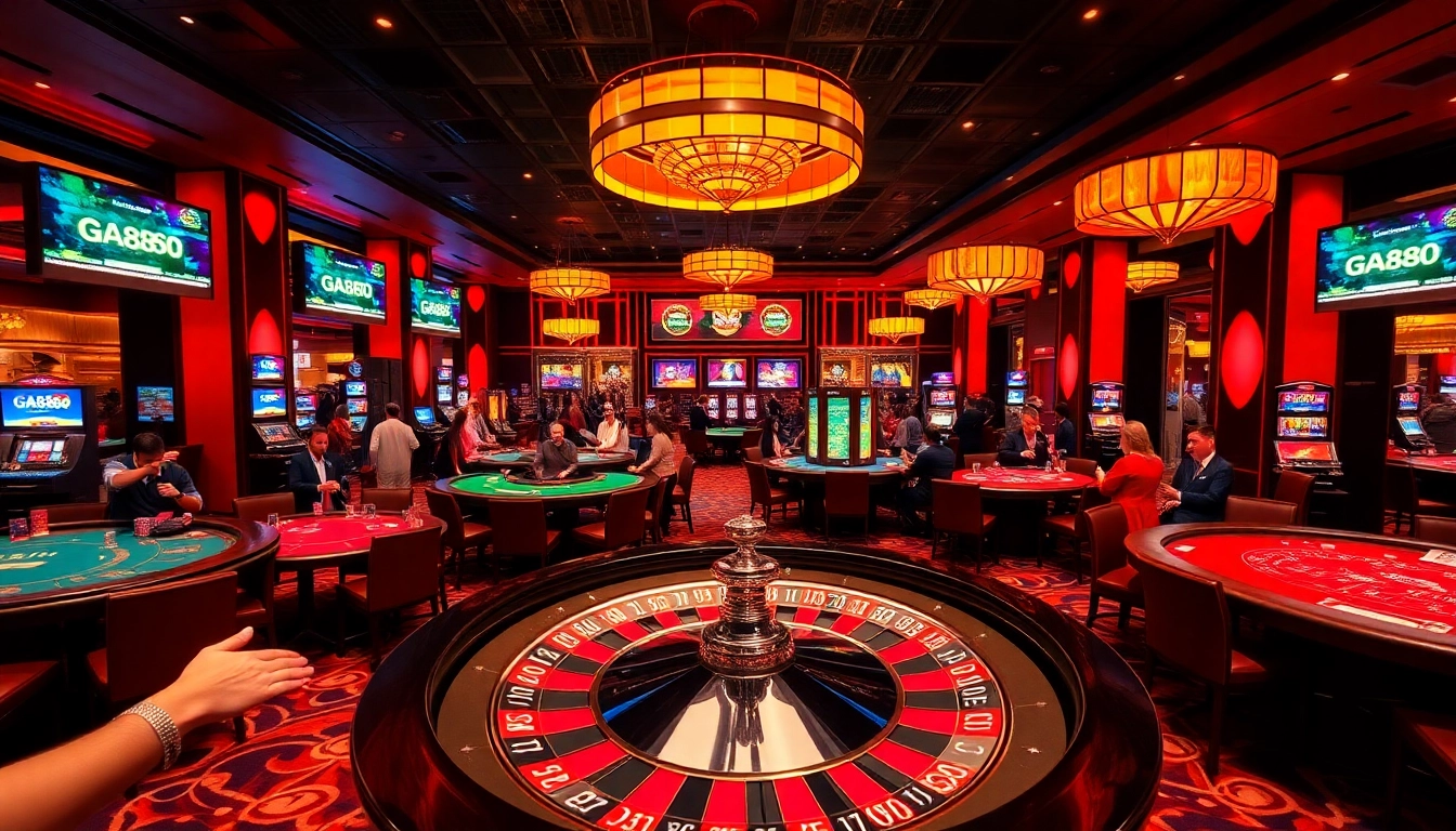 GA888 players enjoying a thrilling moment at a beautifully designed casino with vibrant gaming tables.