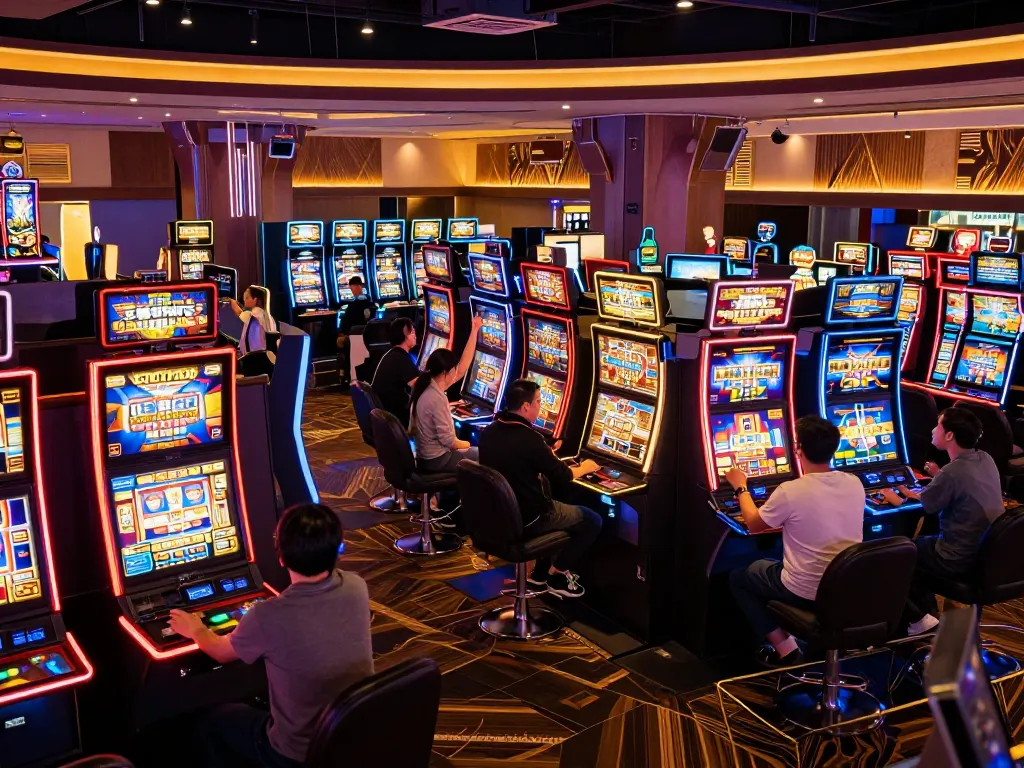Players experiencing CM88-themed slot machines, celebrating wins in a vibrant casino atmosphere