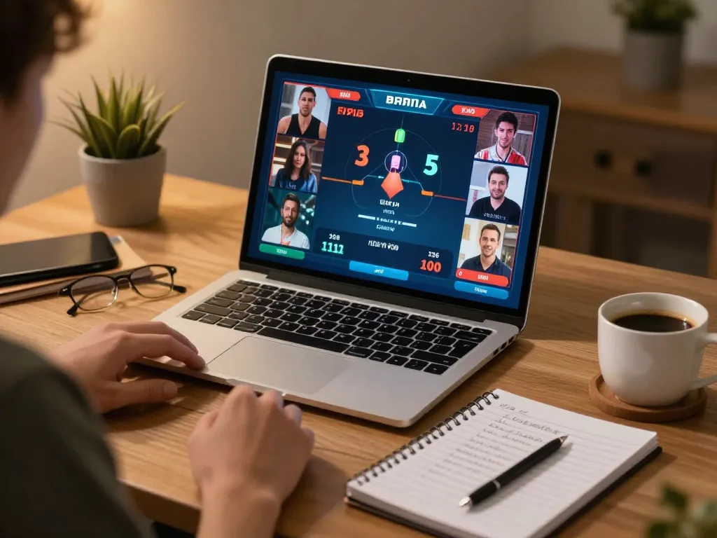 Engaging online poker game on a laptop screen showcasing 33winvn platform and strategic notes alongside.