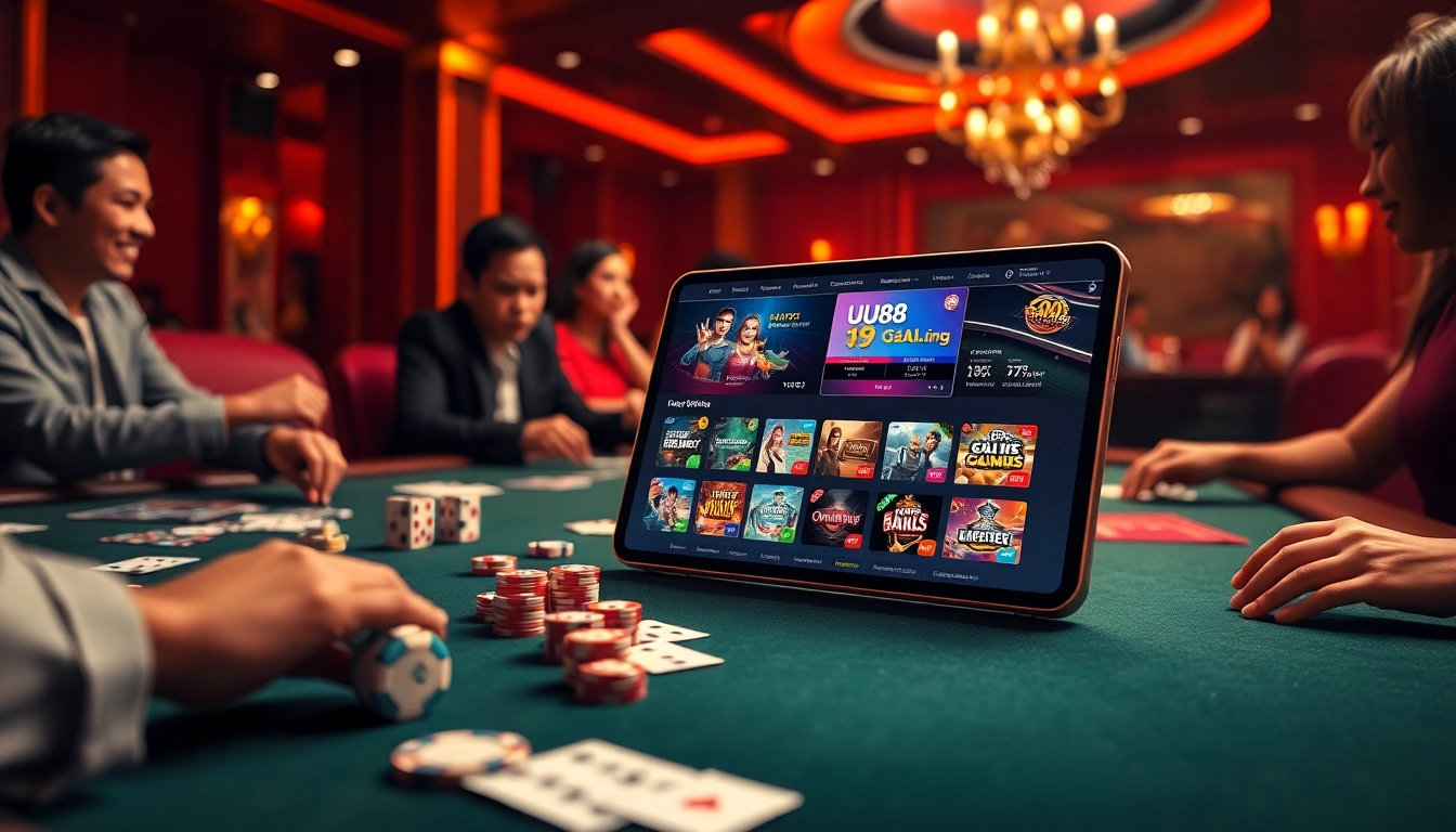 UU88 online platform displayed on a digital device amidst a vibrant casino setting with cards and chips.