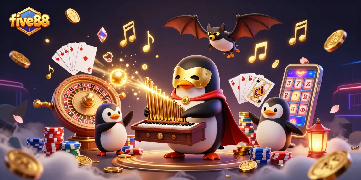 Experience the excitement of five88 with a vibrant casino scene featuring golden coins and spins.