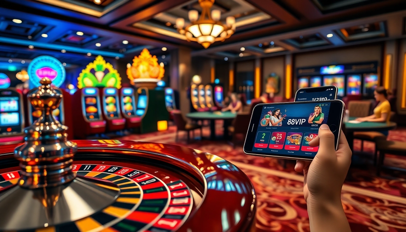 Tải App Nhà Cái 68VIP on a sleek mobile device amidst a vibrant casino environment.