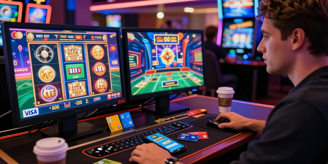 Exciting gaming moment at online casinos that accept credit cards, featuring vibrant slot games and credit cards on the desk.