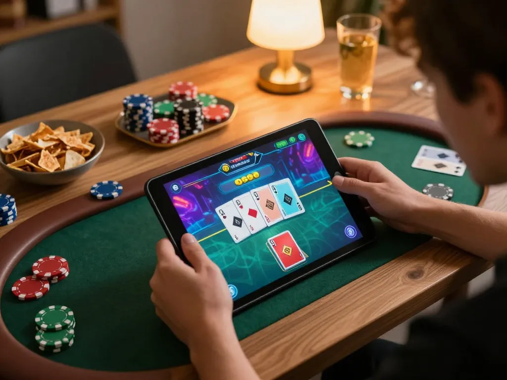 Engaging gameplay experience with O8 casino app on tablet showing poker cards.