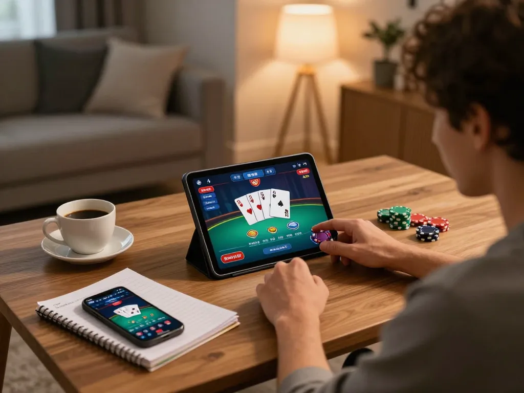 Engaging poker gameplay at home on https://ph22.net.ph/ with tablet showing cards and chips.