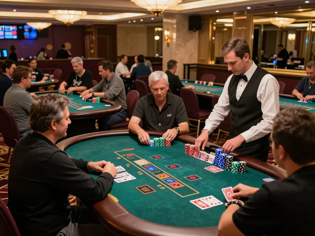 Players at O8 blackjack table engaging in strategic gameplay under warm casino lighting.