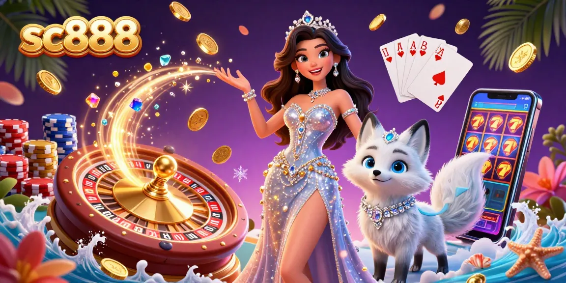 Experience sc888's captivating casino scene featuring a glamorous woman, golden coins, and vivid slot details.