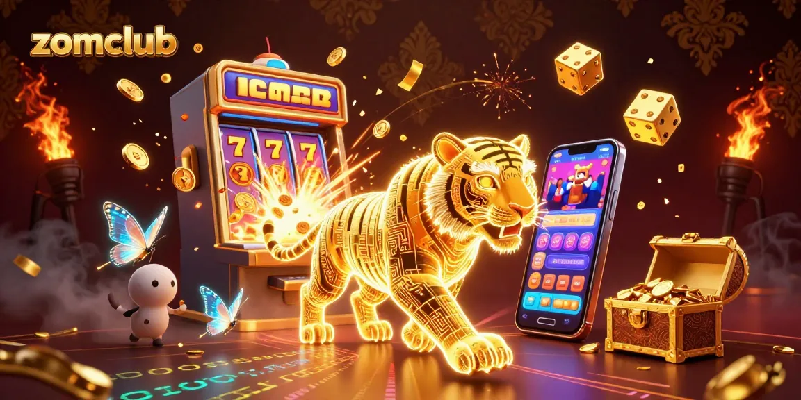 Zomclub offers a dynamic casino experience featuring a golden tiger amidst slot machines and a vibrant casino atmosphere.