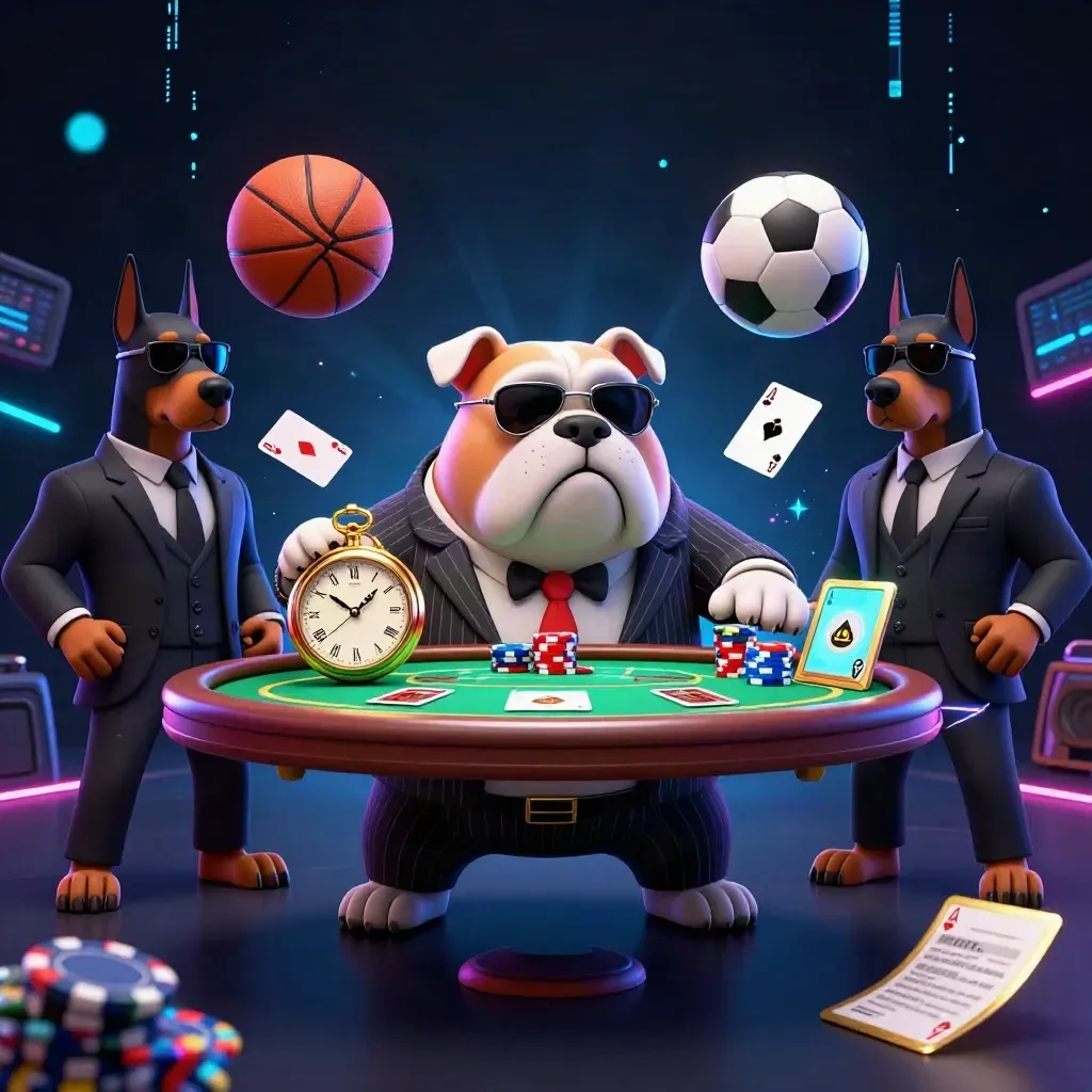 Ground-level casino splash with bulldog mobsters, cards, chips, ball, neon bolts and blue haze.