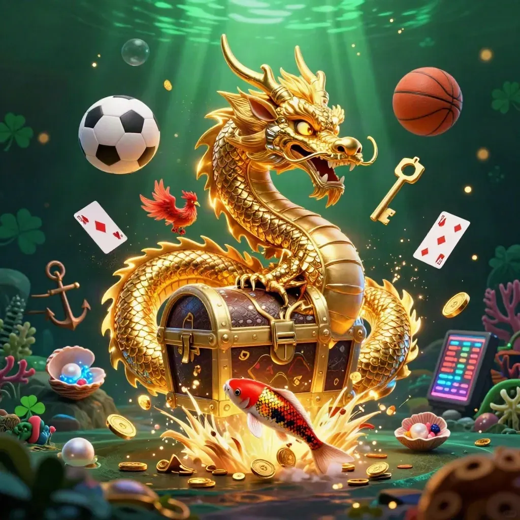 Golden dragon with phoenix and koi amid treasure, balls, coins, coral, and casino lights