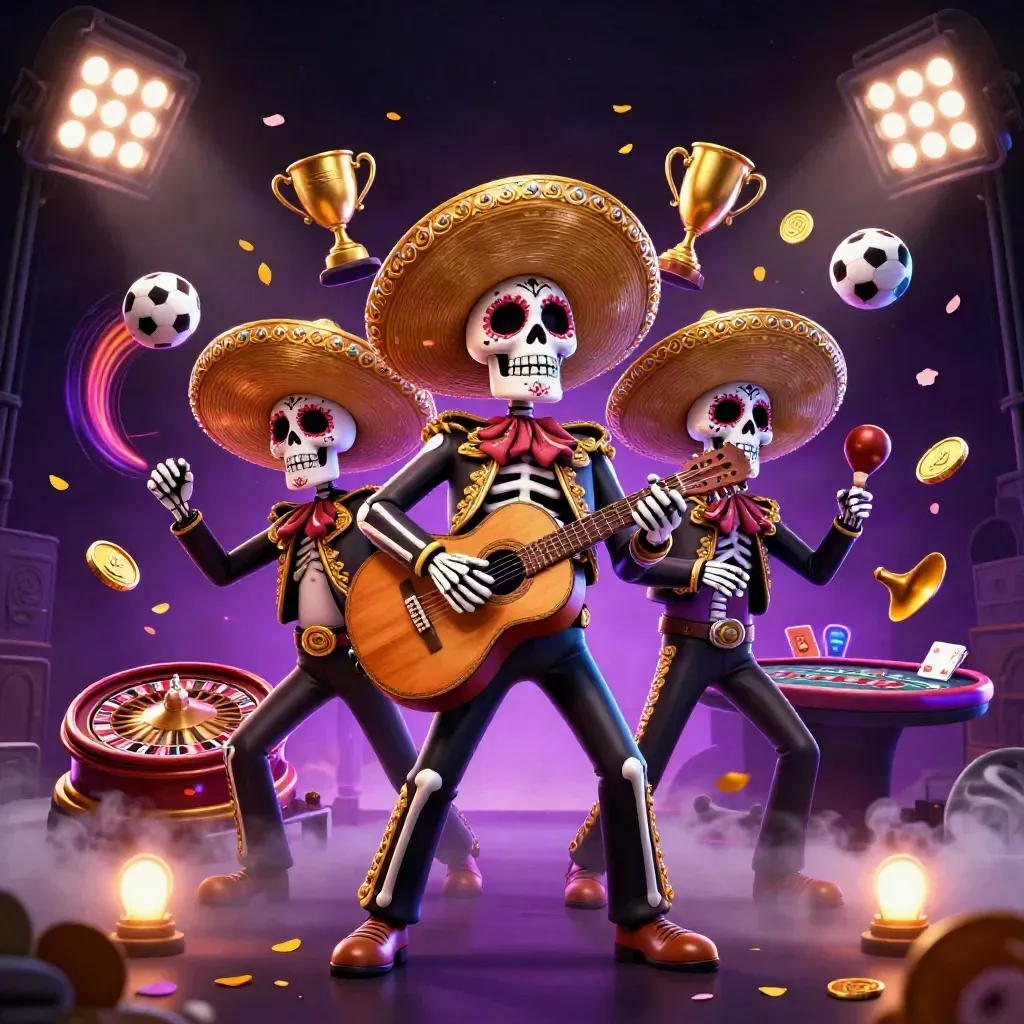 Day-of-the-Dead skeleton mariachi trio amid casino lights, sports balls, trophy, coins, and mystical glow