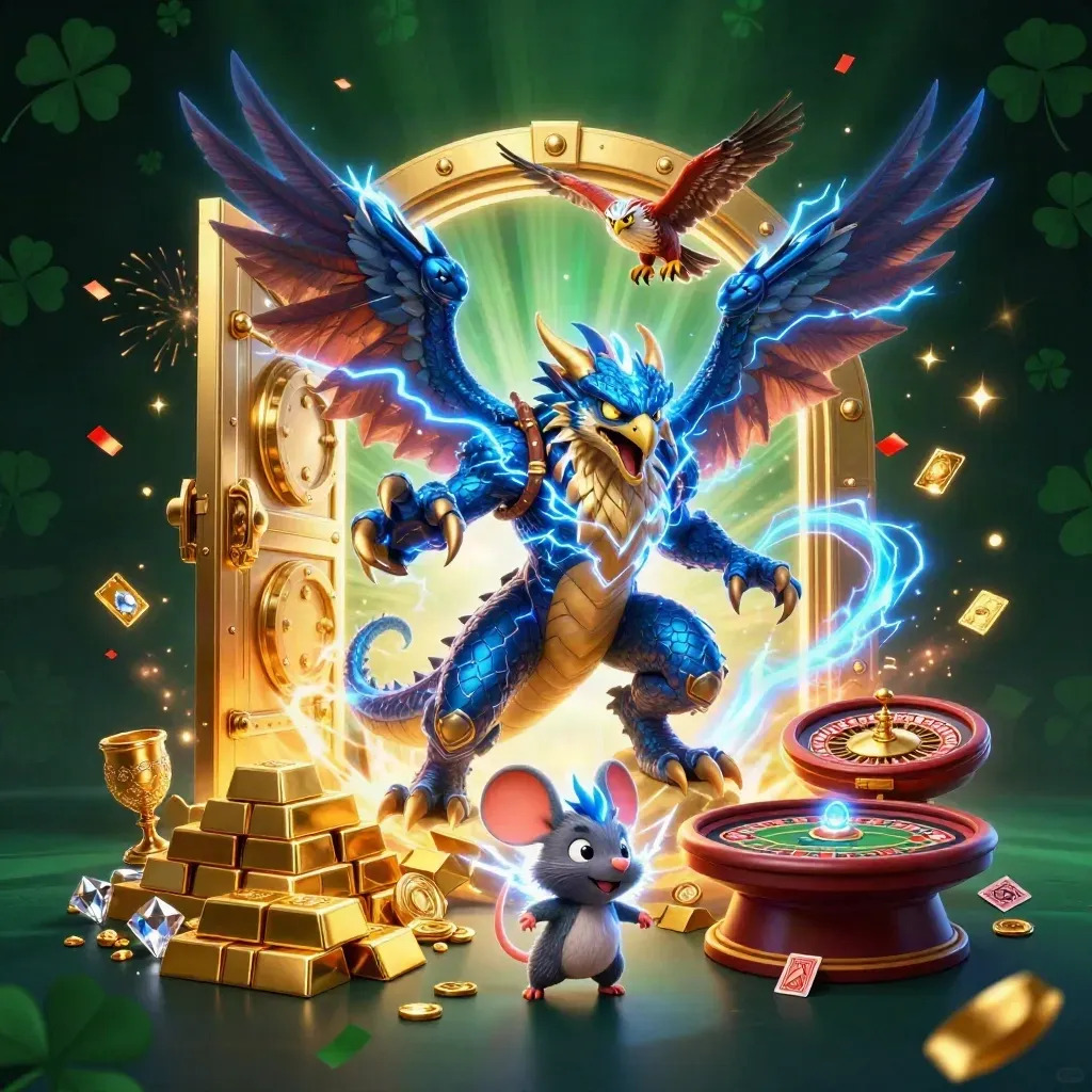Thunder dragon, wind hawk, and crackling mouse burst from a glowing vault with casino treasure.