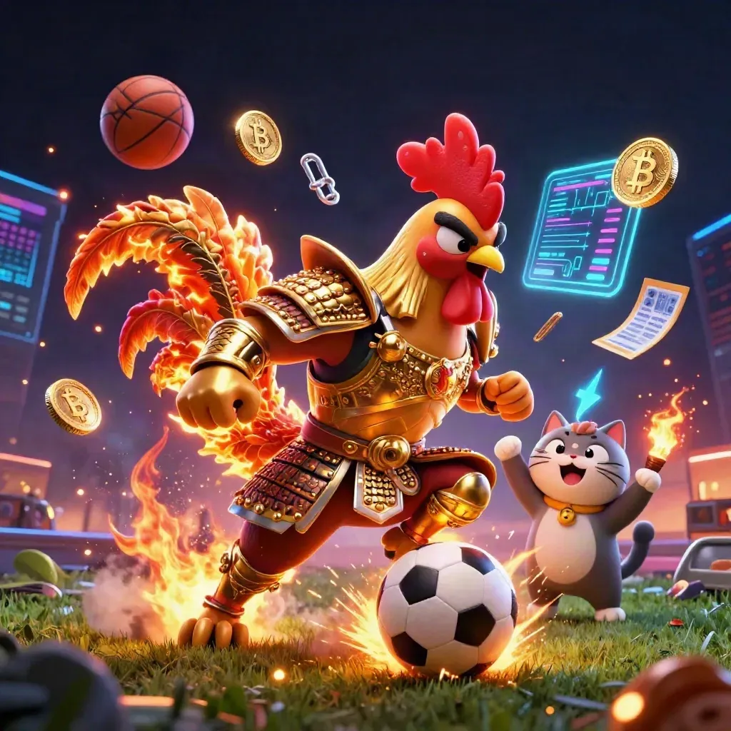 Rooster warrior, dragon hatchling, and fortune cat amid a soccer-ball burst and neon casino energy.