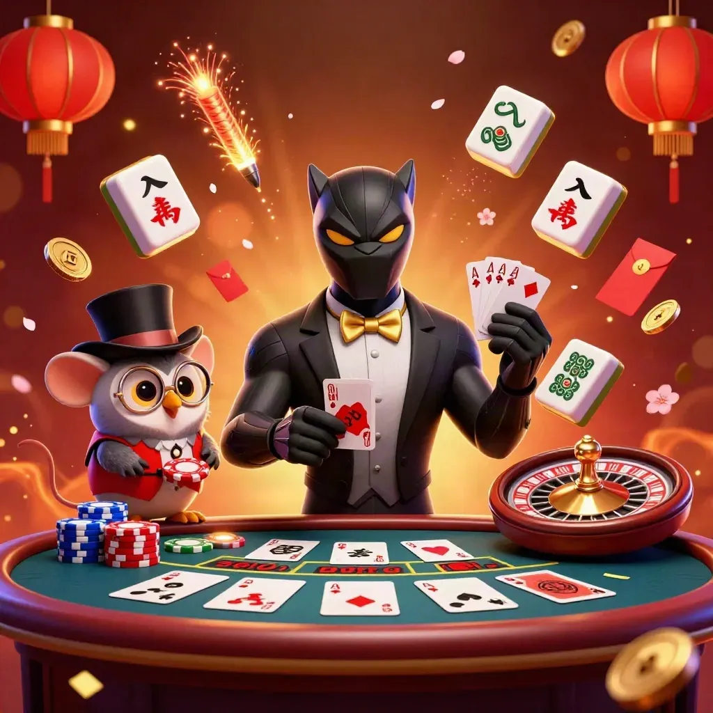 Panther dealer, owl, and mouse in a glowing casino scene with lanterns, tiles, coins, and fireworks.