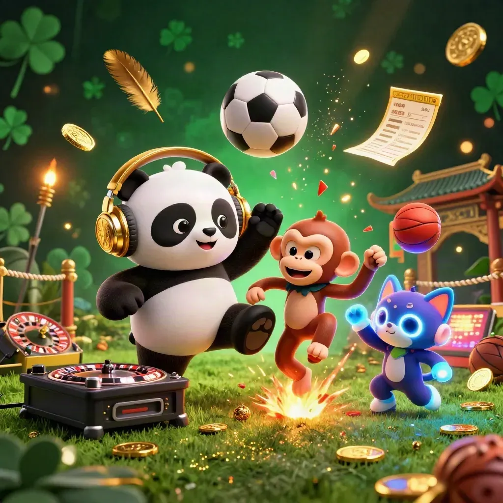 Ground-level neon casino sports burst with panda DJ, monkey, kitten, balls, coins, and temple glow