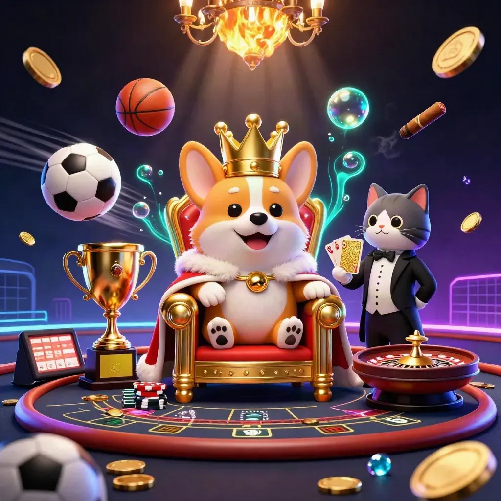 Crowned corgi and cat butler in a neon casino scene with balls, coins, trophy, and glowing lights.