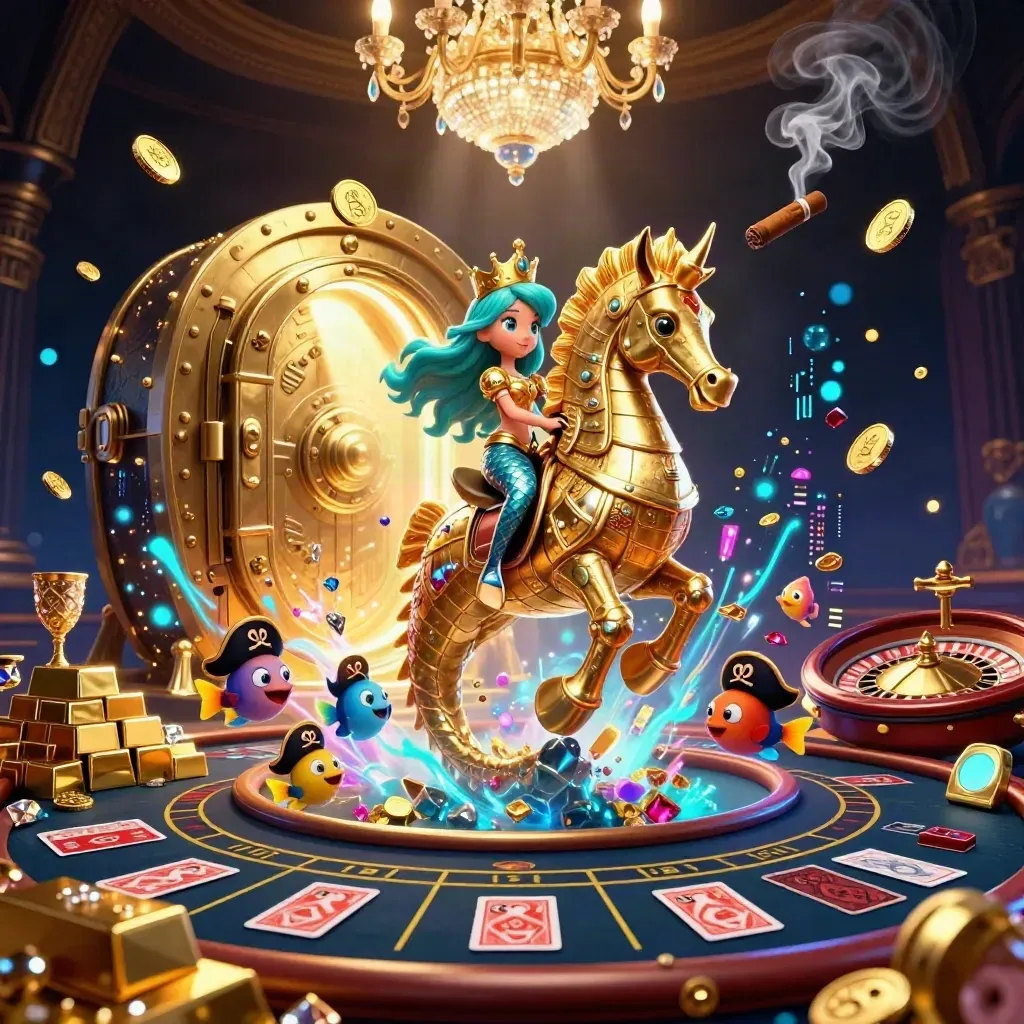 Turquoise-haired mermaid on an armored seahorse amid vault gold, neon magic, and casino sparkle