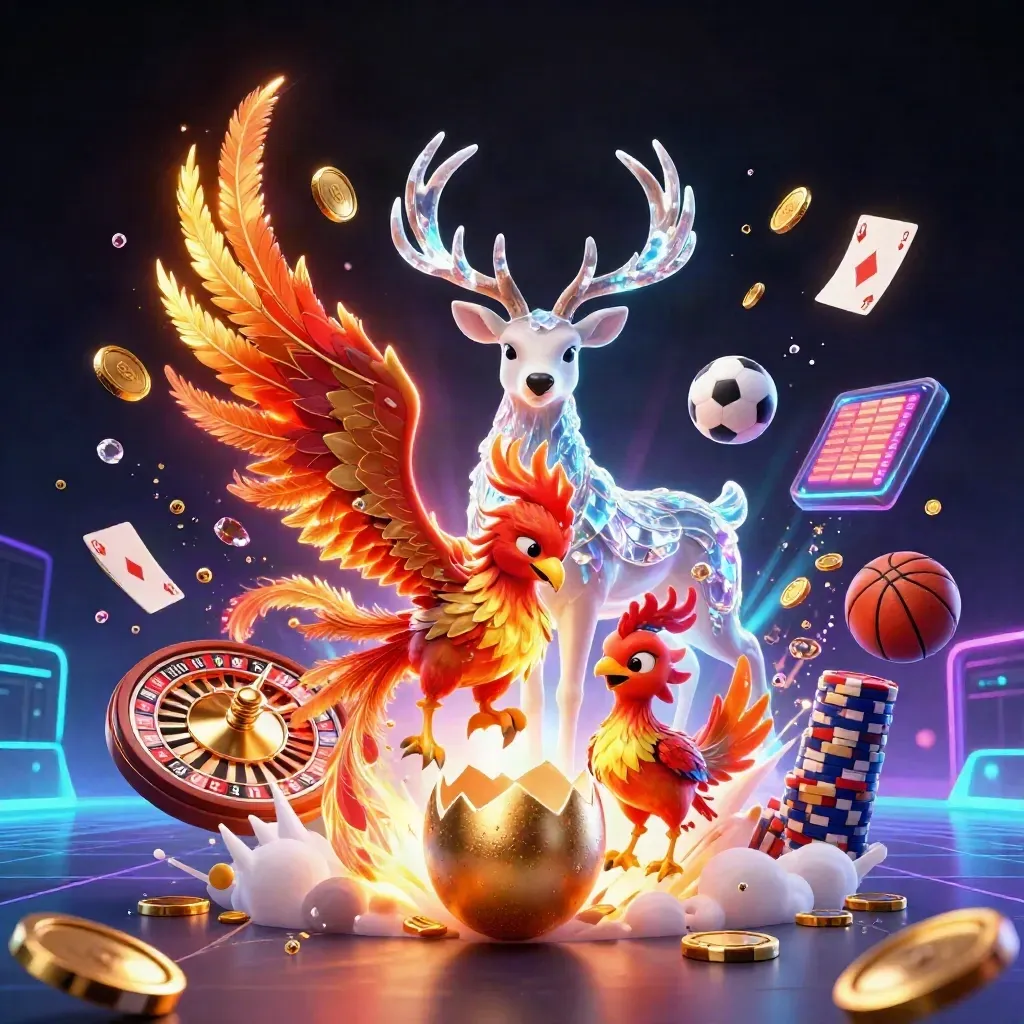 Neon phoenix, stag and casino icons explode in a dark futuristic glow