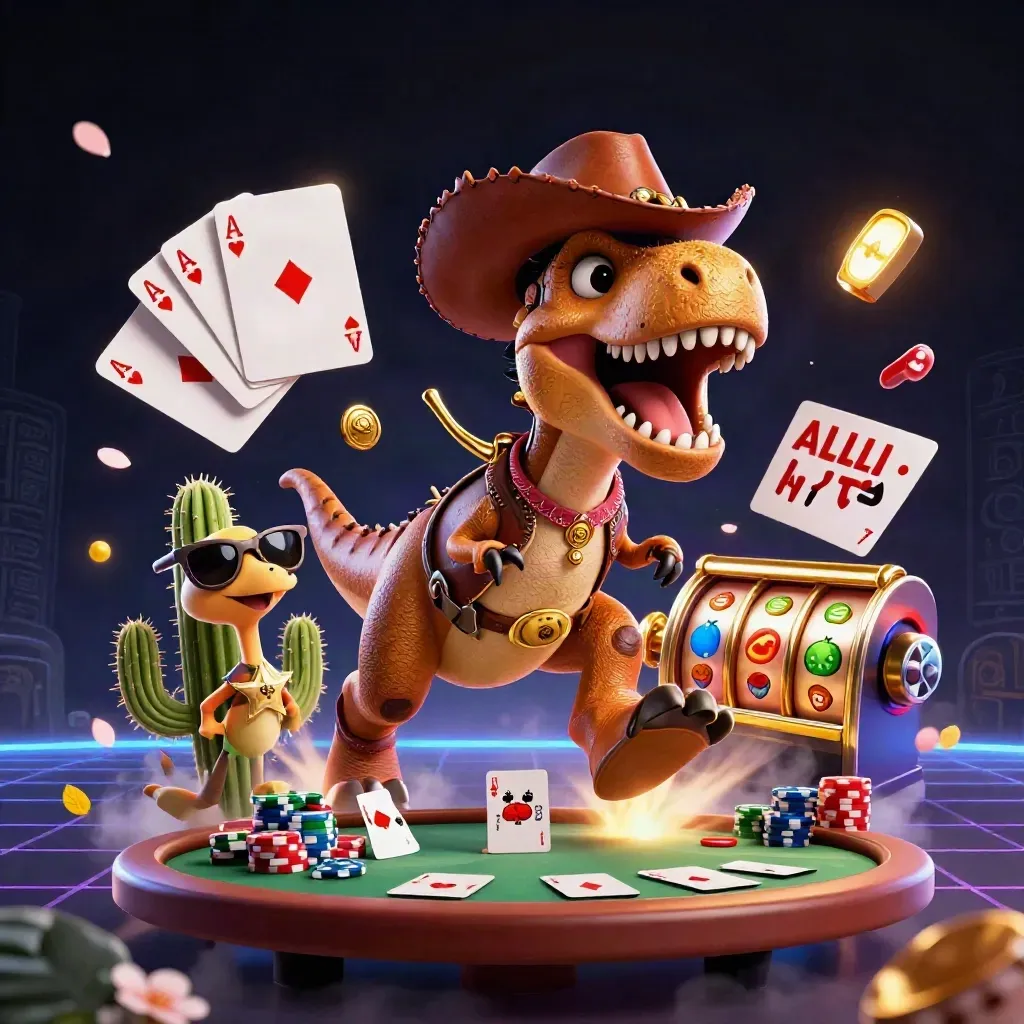 Cowboy T-Rex, cactus sidekick, and sheriff roadrunner amid casino chips and neon treasure.