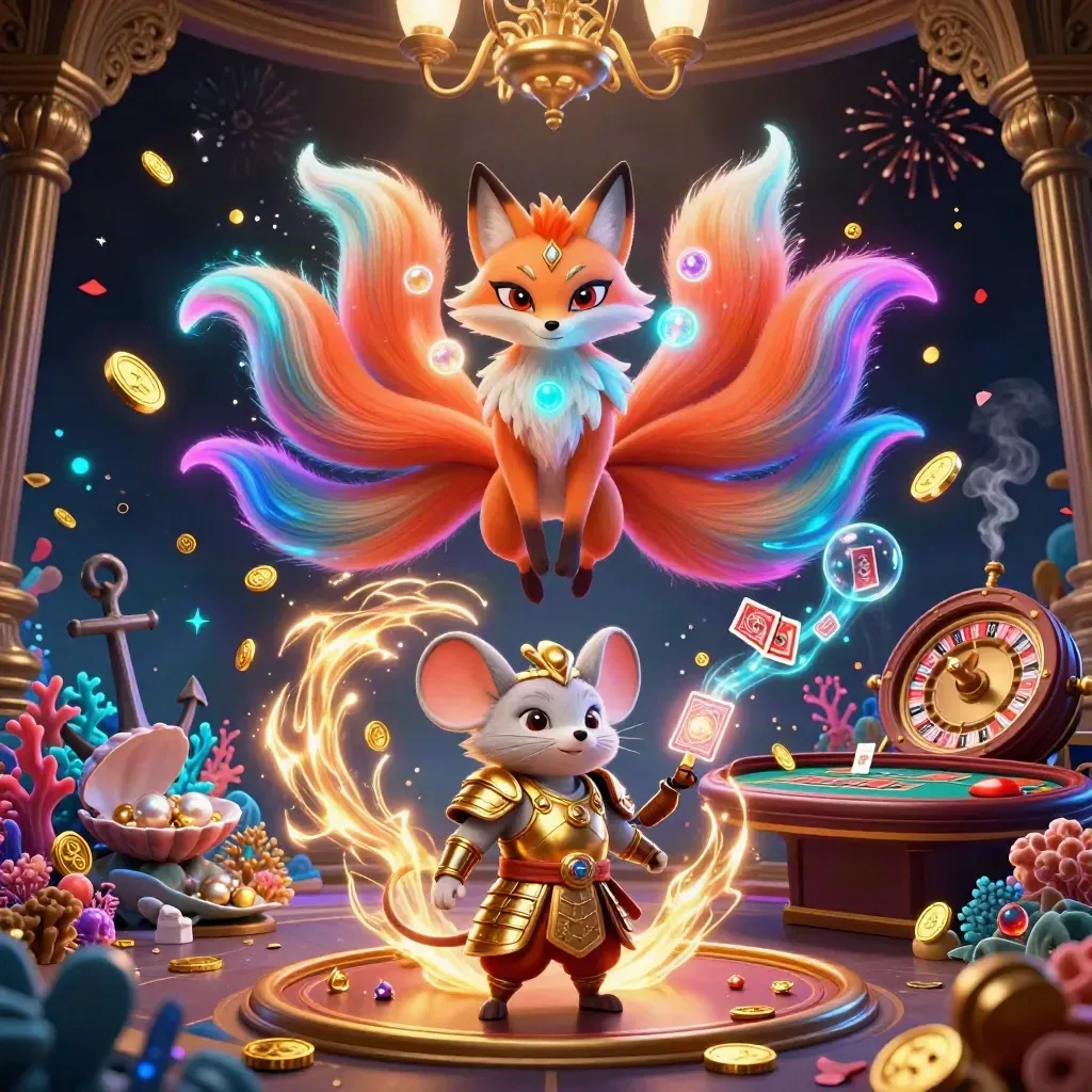 Neon fox spirit and samurai mouse in a casino-cove with coins, coral, and fireworks.