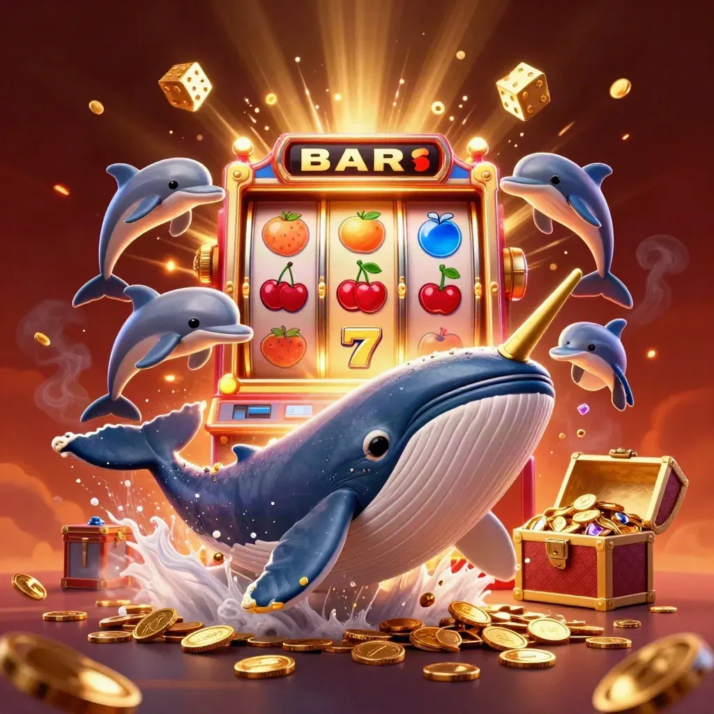 Whale captain, narwhal, and dolphins amid exploding coins, jackpots, and gold on a casino glow backdrop.