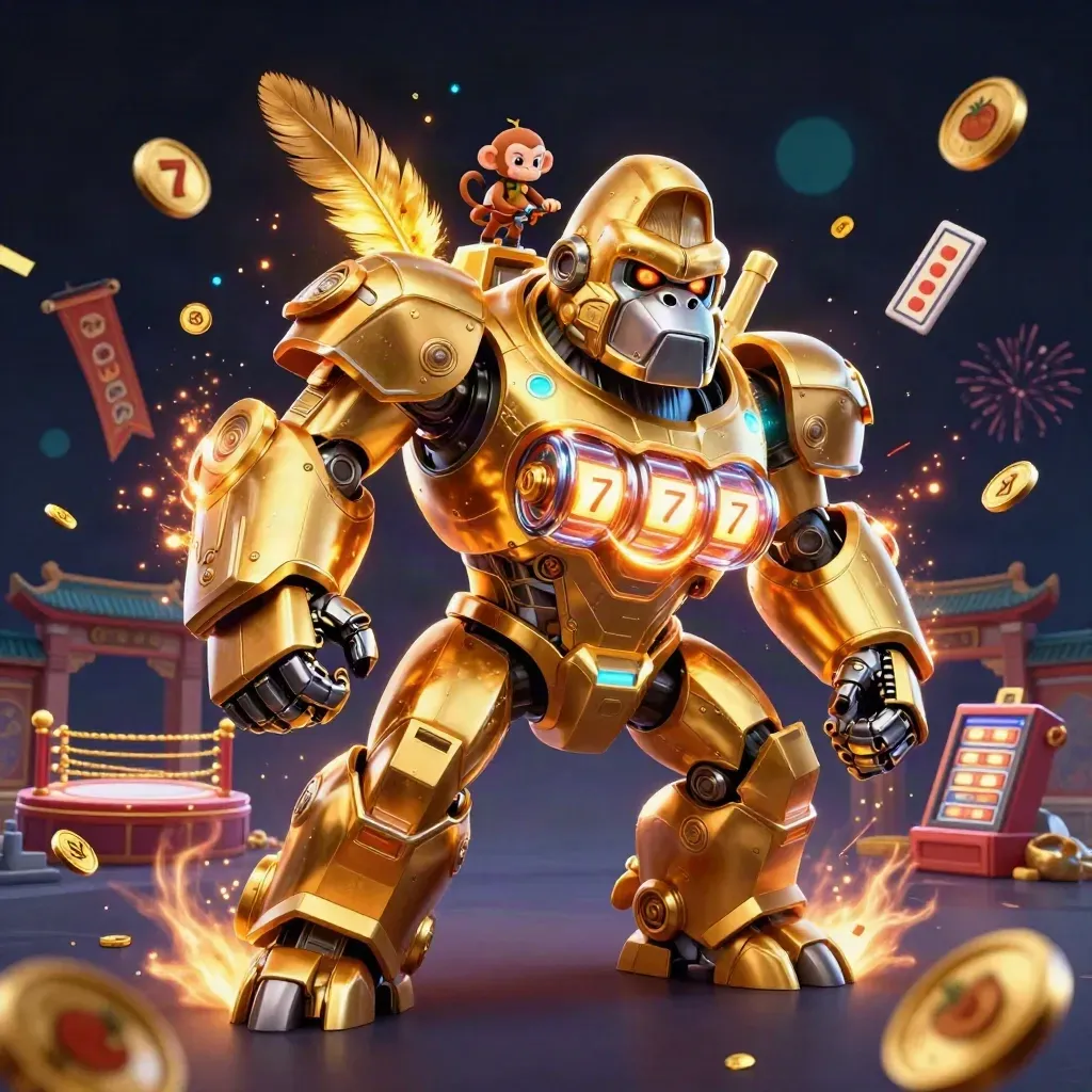 Golden gorilla mech with tiny monkey pilot amid coins, temple gate, fireworks, and casino energy