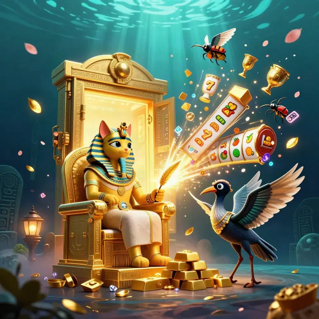 Pharaoh cat, ibis scribe, and gem scarabs erupt from a gold vault underwater.