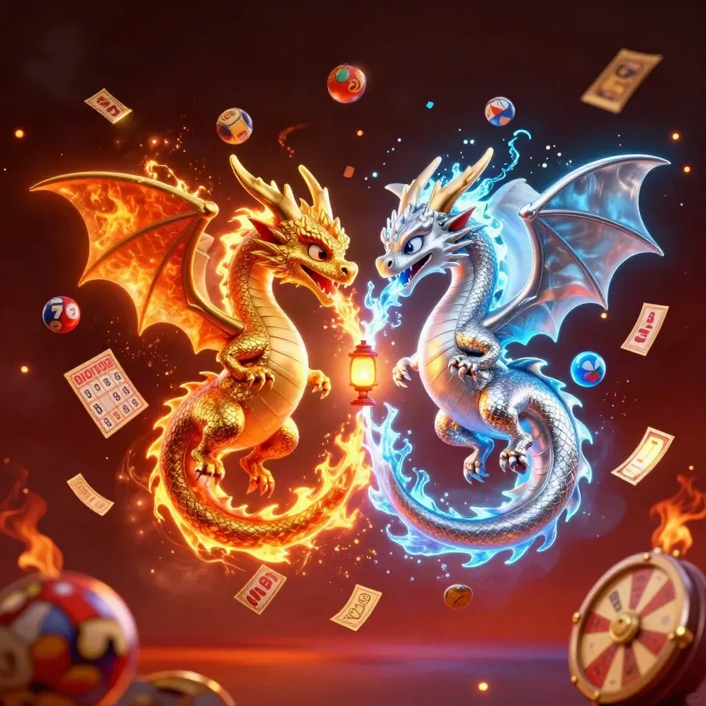 Twin dragons in a fire-and-ice yin-yang with lottery, bingo, wheel, and glowing casino sparks.