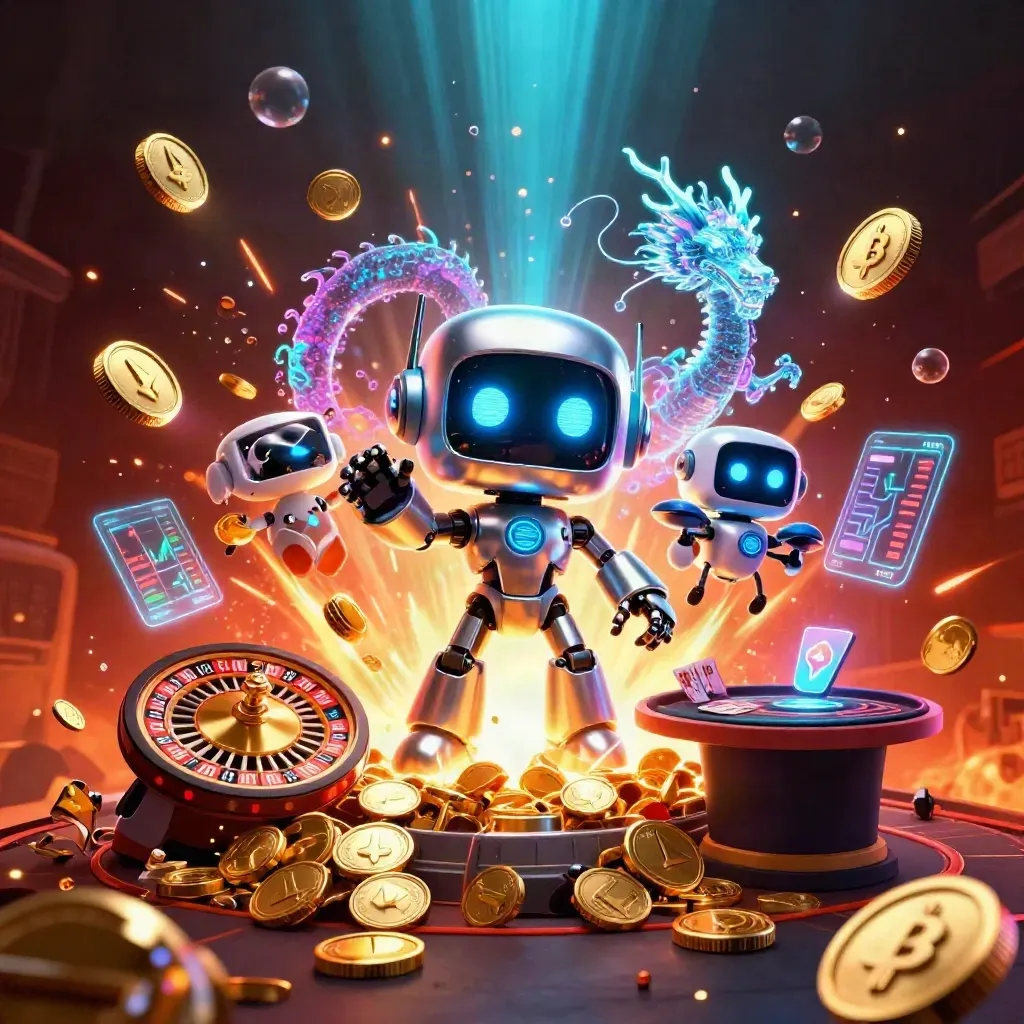 Cyberpunk robot, particle dragon, and coin drone amid gold bursts, roulette, cards, lightning