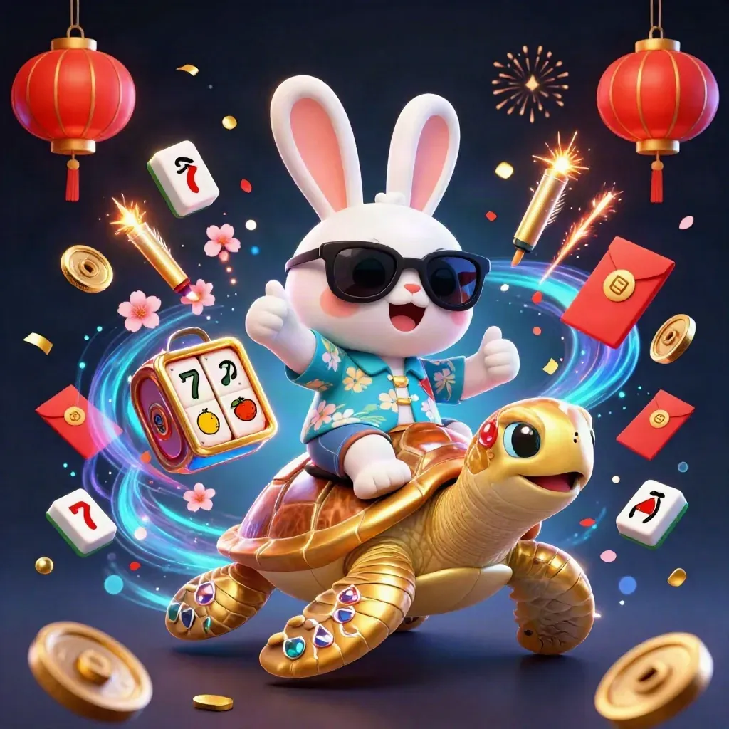 Lucky rabbit rides a gem-shell turtle amid casino treasures, lanterns, and neon blue sparks.