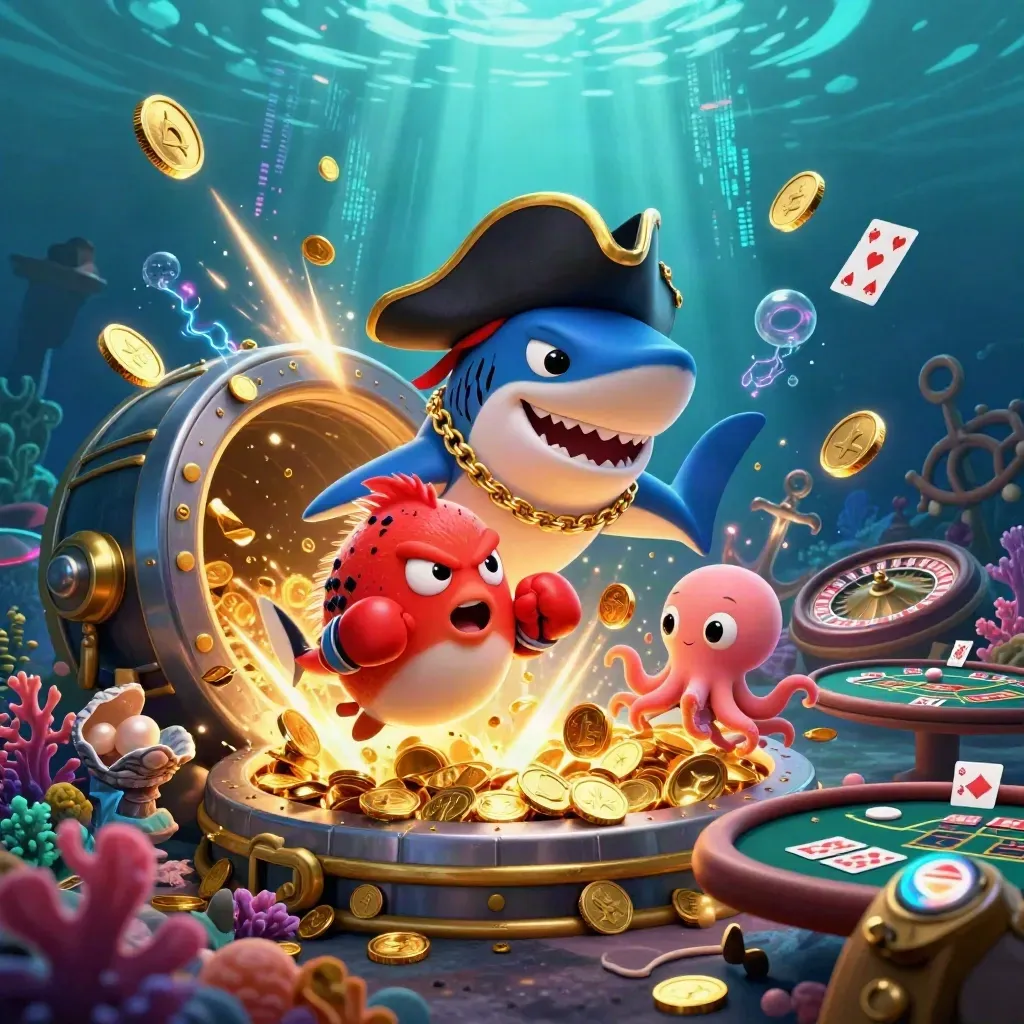 Pirate shark, boxing pufferfish, and coin-juggling octopus in a glowing underwater treasure casino.