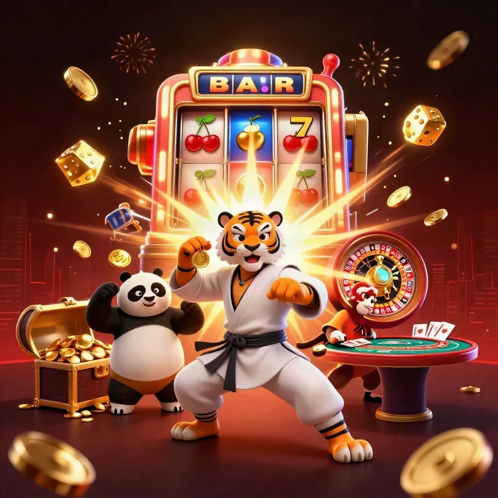 Tiger, panda, and monkey in a casino celebration with slot burst, gold coins, and fireworks.