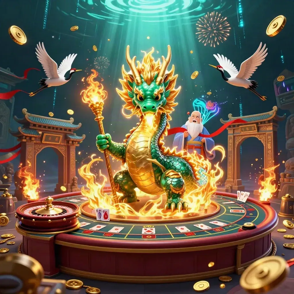 Jade dragon, turtle sage and cranes amid gold coins, fireworks and casino glow.