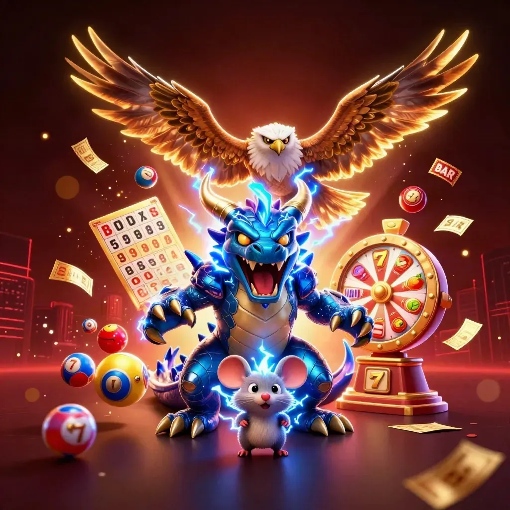 Thunder dragon, wind hawk, and static mouse amid casino reels and glowing jackpots