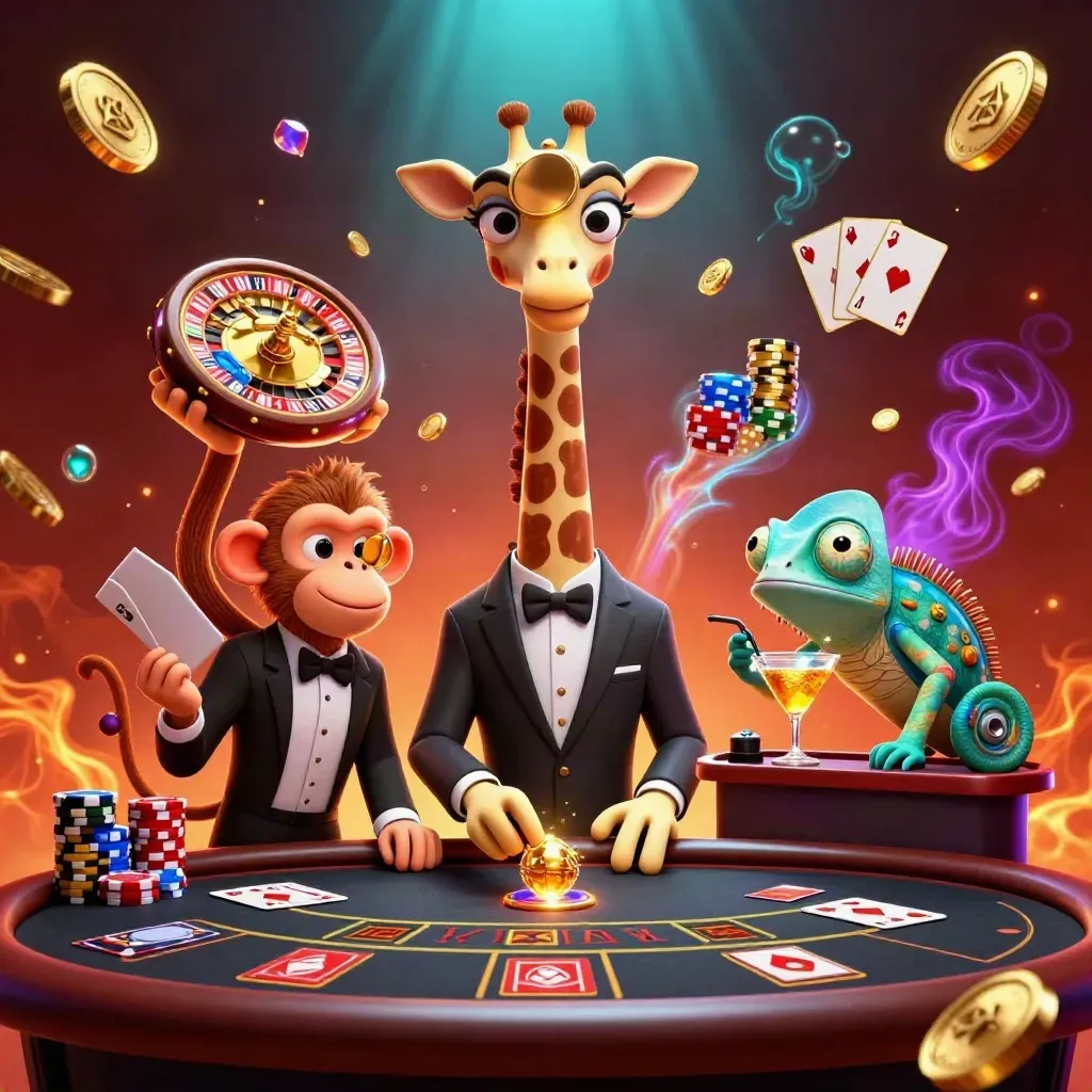 Giraffe, monkey and chameleon at a luxe casino table amid coins, chips and glowing lights.