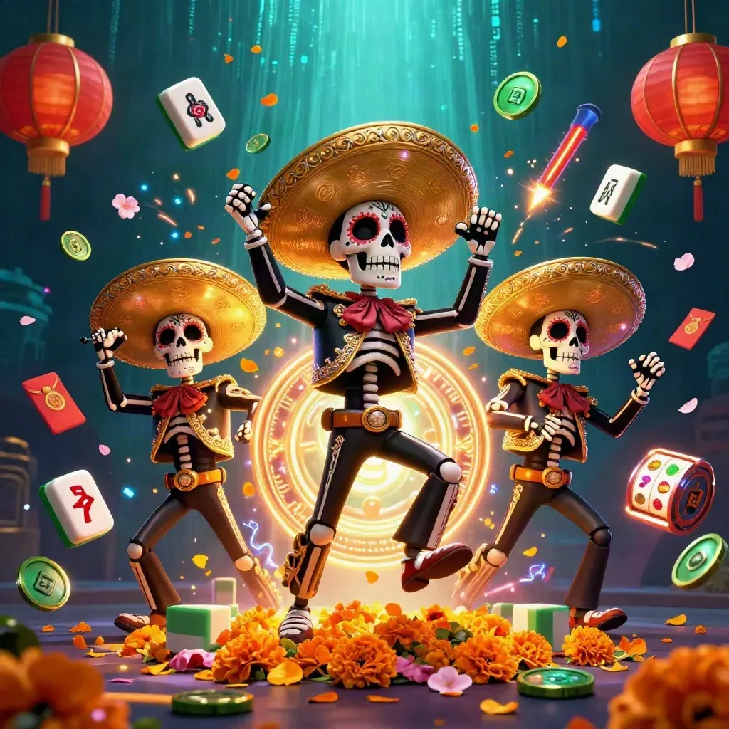Skeleton mariachi trio amid casino symbols, gold petals, neon streaks, and underwater glow.