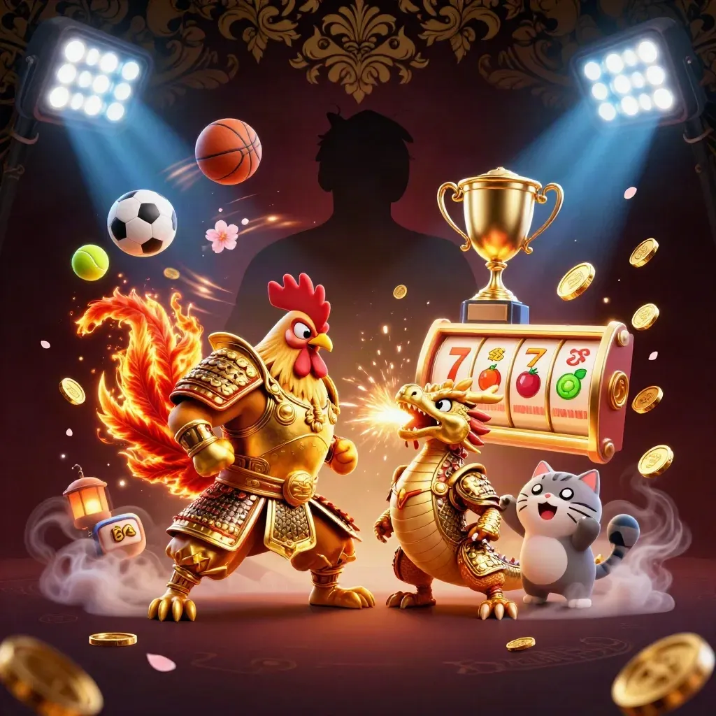 Rooster warrior, spark-breathing hatchling, and cheering fortune cat amid casino coins and reels.