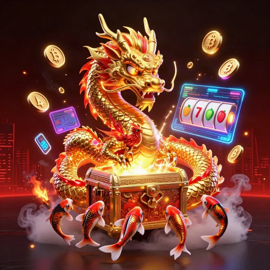 Golden dragon with phoenix and koi amid neon casino coins and loot in a dark glowing scene.
