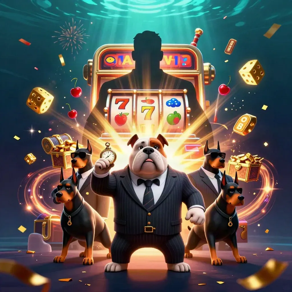 Bulldog boss and Doberman guards amid a jackpot slot machine, gold, and casino sparks