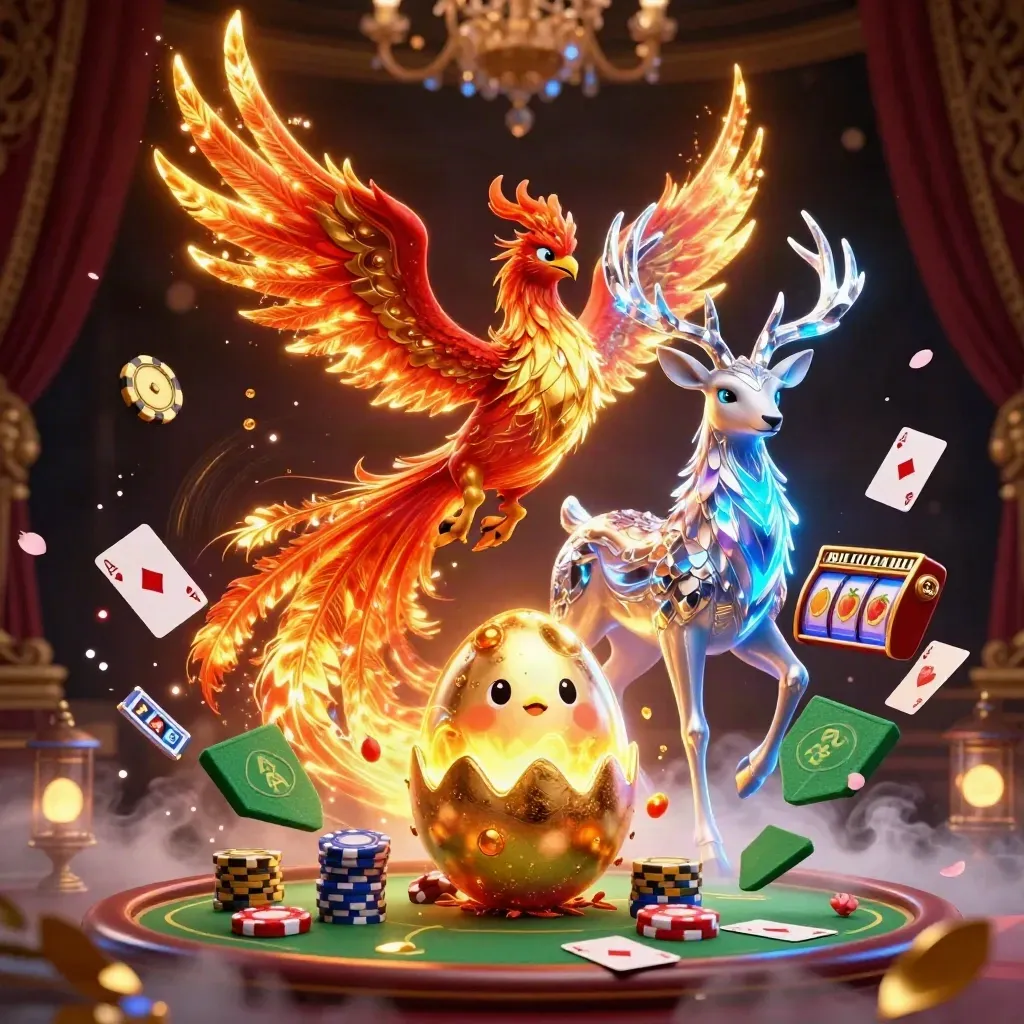 Phoenix, hatchling, and crystalline stag amid casino chips, reels, and dark luxury glow
